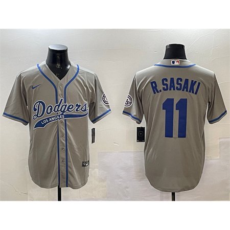 Men's Los Angeles Dodgers #11 Roki Sasaki Grey With Patch Cool Base Stitched Baseball Jersey