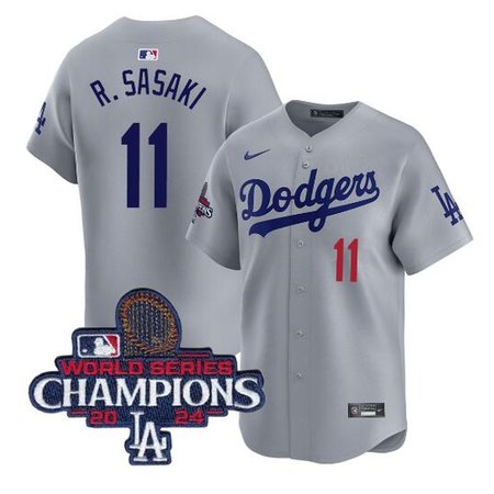 Men's Los Angeles Dodgers #11 Roki Sasaki Grey 2024 World Series Champions Limited Stitched Baseball Jersey