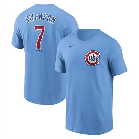 Men's Chicago Cubs #7 Dansby Swanson Baby Blue Fuse Name & Number T-Shirt