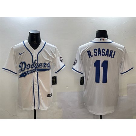 Men's Los Angeles Dodgers #11 Roki Sasaki White With Patch Cool Base Stitched Baseball Jersey