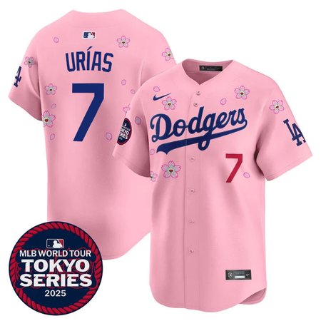 Men's Los Angeles Dodgers #7 Julio Urias Pink Tokyo 2025 Cool Base Stitched Baseball Jersey