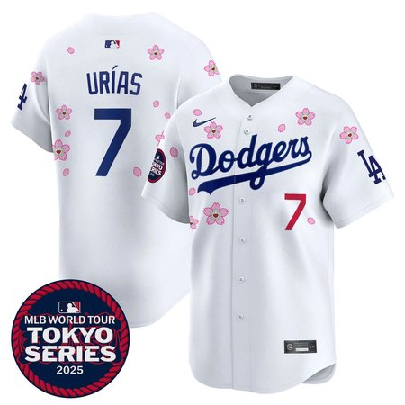 Men's Los Angeles Dodgers #7 Julio Urias White Tokyo 2025 Cool Base Stitched Baseball Jersey