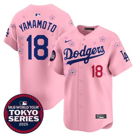 Men's Los Angeles Dodgers #18 Yoshinobu Yamamoto Pink Tokyo 2025 Cool Base Stitched Baseball Jersey