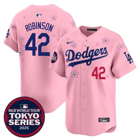 Men's Los Angeles Dodgers #42 Jackie Robinson Pink Tokyo 2025 Cool Base Stitched Baseball Jersey