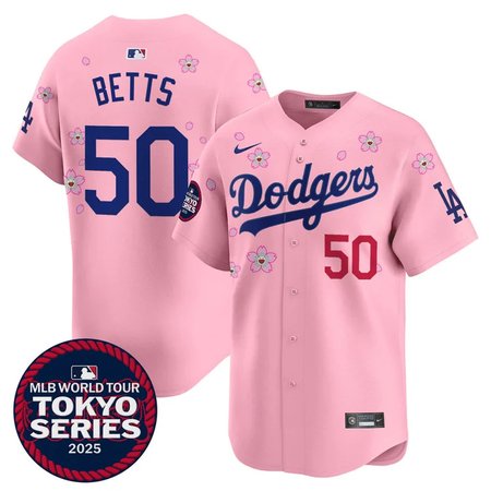 Men's Los Angeles Dodgers #50 Mookie Betts Pink Tokyo 2025 Cool Base Stitched Baseball Jersey