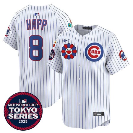 Men's Chicago Cubs #8 Ian Happ White Tokyo 2025 Cool Base Stitched Baseball Jersey