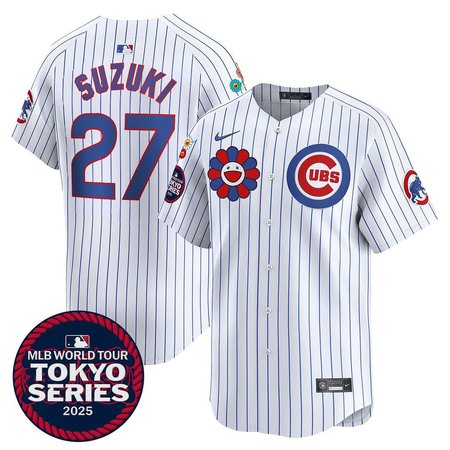 Men's Chicago Cubs #27 Seiya Suzuki White Tokyo 2025 Cool Base Stitched Baseball Jersey